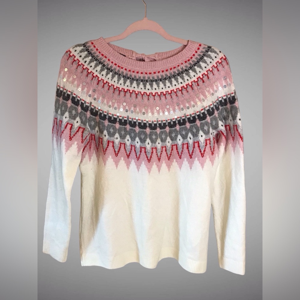 Talbots Icicle Fair Isle Cream Pink Bow Sequin Sweater Size S NWOT